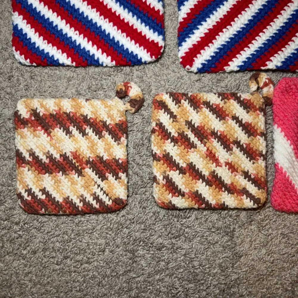 Hand Crochet Hot Pads Pink Blue Brown USA Kitchen Farmhouse Cottage LOT of 9